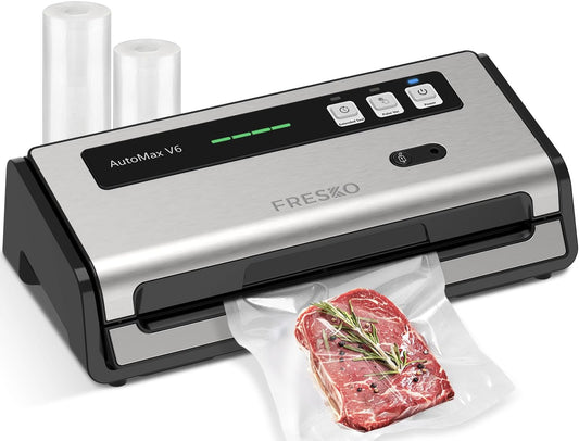 FRESKO Food Vacuum Sealer with Automatic Bag Detection, Double Heat Seal, Built-in Bag Roll Storage & Cutter, 2 Rolls Bags, Starter Kit