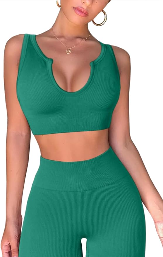 QINSEN Workout Outfits for Women 2 Piece Ribbed Seamless Crop Tank High Waist Yoga Leggings Sets