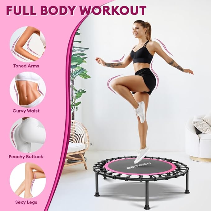 ONETWOFIT 42"/45" Rebounder Trampoline for Adults, Silent Mini Trampoline Indoor Exercise Fitness Trampoline Bungee Rebounder Workout Max Load 330lbs