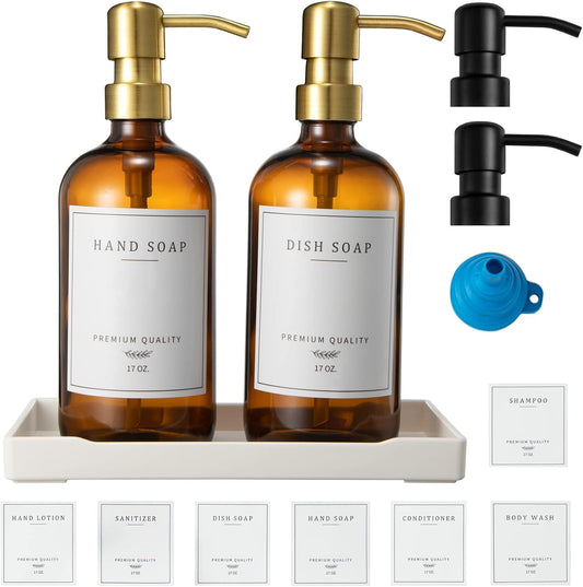 Glass Soap Dispenser for Kitchen, Farmhouse Dish & Hand Soap Dispenser Set, Rustproof Pump Bathroom Soap Lotion Dispenser with Tray, Waterproof Label for Kitchen Decor(Amber