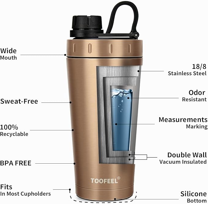 TOOFEEL Insulated Protein Shaker Bottle - 20 oz Stainless Steel Shaker Cups for Protein Shakes, Stays Cold/Hot, Double Walled Vacuum Metal Protein Shaker, BPA Free Leakproof Gym Shaker Bottle