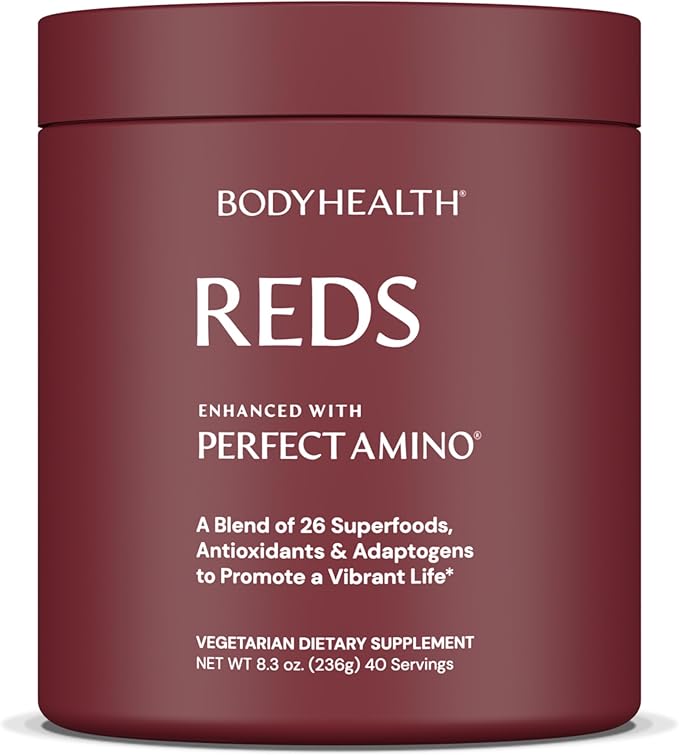 BodyHealth Reds Enhanced with PerfectAmino - Daily Superfood Smoothie Powder with Antioxidants, Adaptogens, Phytonutrients, Fruit, Prebiotics, Probiotics, Fiber, and Protein - 40 Servings