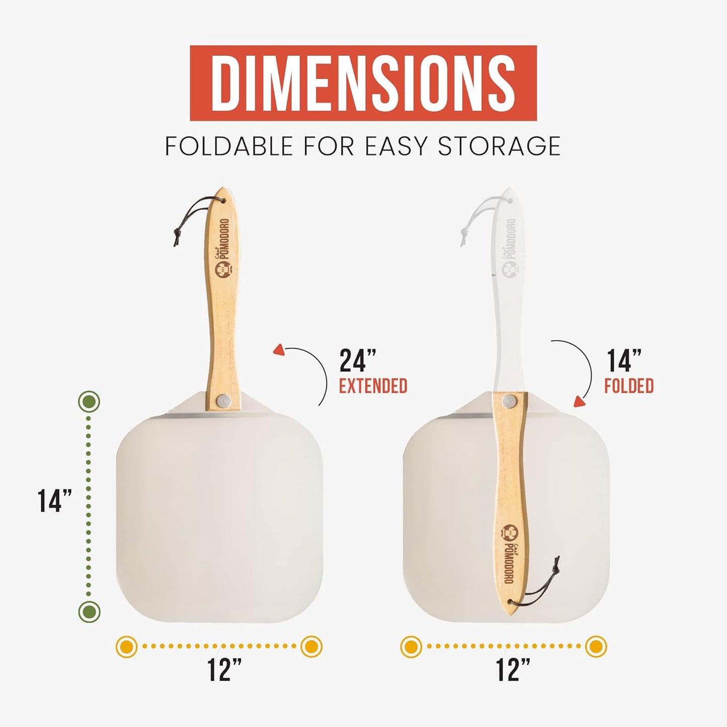 Chef Pomodoro Aluminum Metal Pizza Peel with Foldable Wood Handle for Easy Storage, Pizza Spatula, Gourmet Luxury Pizza Paddle for Baking Homemade Pizza Bread (12 x 14 inch + 14 inch Cutter)