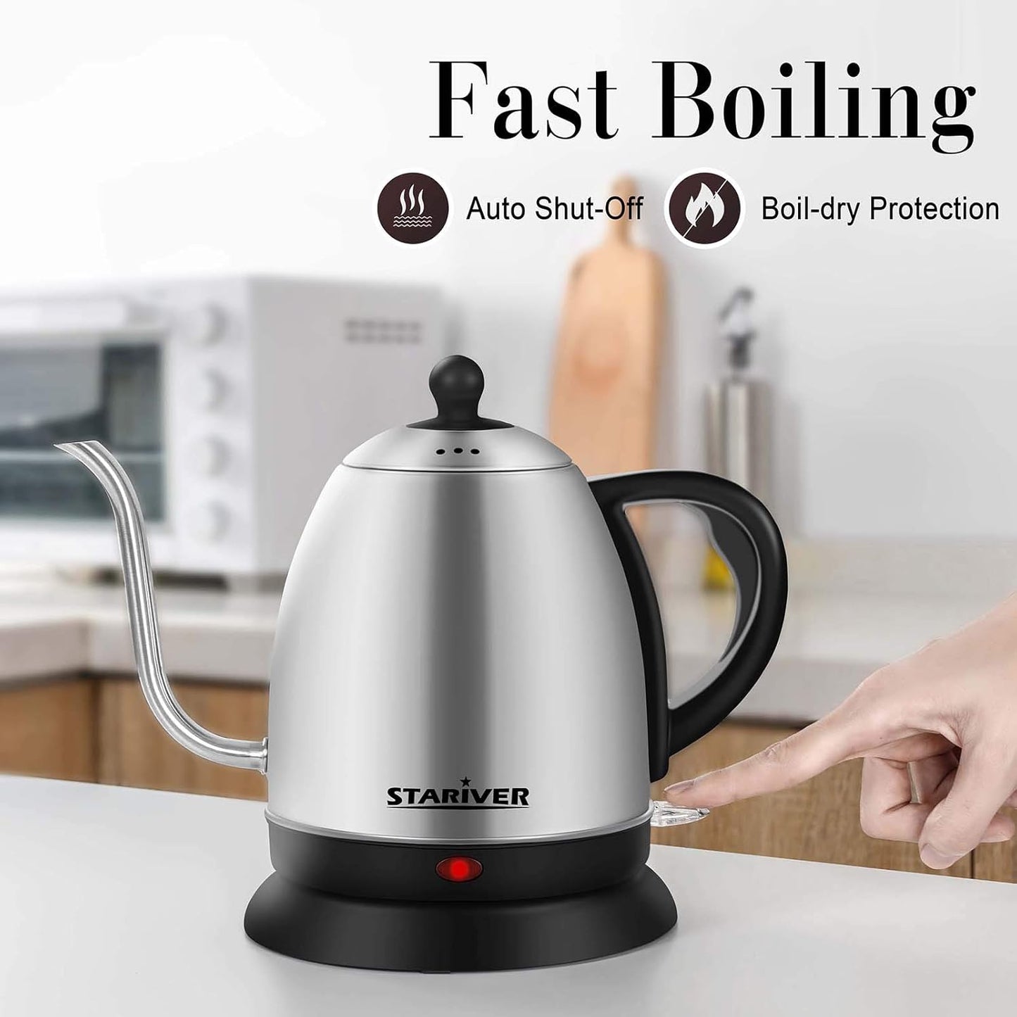 Stariver Electric Kettle Gooseneck Kettle, 1L Water Boiler, BPA-Free, Pour Over Tea Pot Stainless Steel for Coffee & Tea with Fast Heating, Auto-Shut Off and Boil-Dry Protection Tech