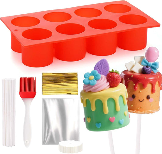 Juome Circle Cake Pop Mold Kit, 8 Cavities Cakesicle Molds Silicone with 100 Sticks & 100 Packaging Bags, Round Cake Pop Maker Supplies Accessories, Baking Tools for Home Baking Desserts