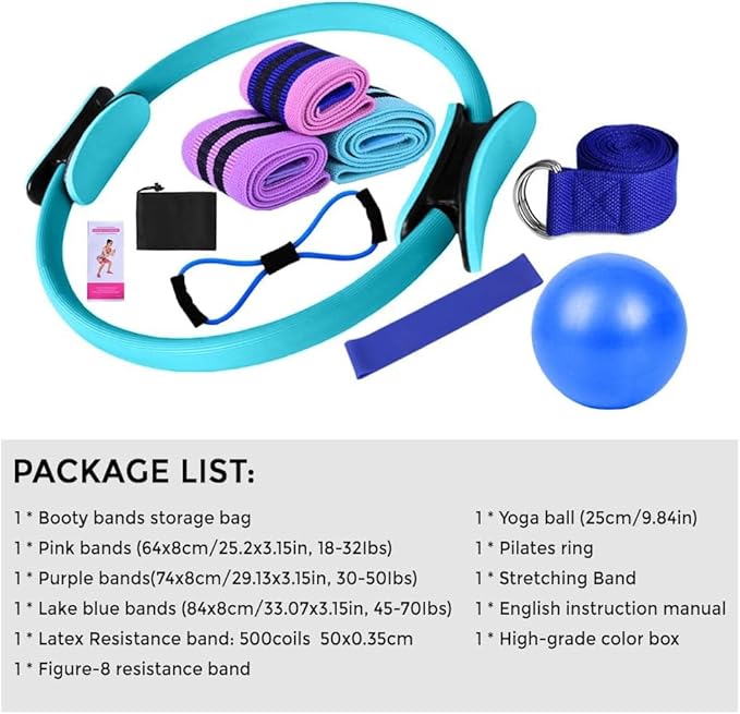 Pilates Set – Home Pilates Equipment for Women Kit with Magic Circle Pilates Ring and Ball Set, Resistance Bands & Massage Balls & Exercise Bands for Toning，Flexibility & Core Strength