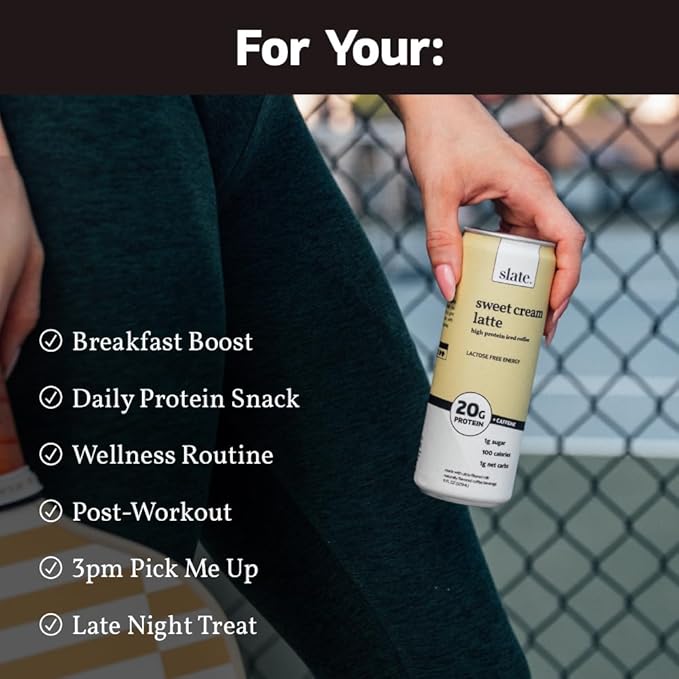 Slate Milk - High Protein Iced Coffee - Sweet Cream Latte - 175mg Caffeine, Lactose Free Energy - 20g Protein, 1g Sugar, 100 Calories, 1g Net Carbs, No Sugar Added - Protein Coffee - 11 fl oz, 12 Cans