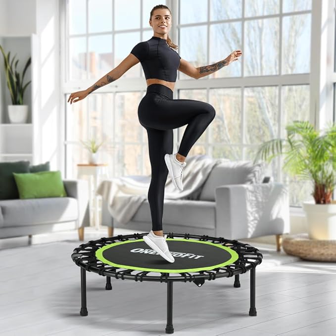ONETWOFIT Foldable Rebounder Trampoline for Adults, 40/42/45” Mini Fitness Trampoline W/Adjustable Foam Handle Bungees, Quiet Exercise Trampoline for Personal Indoor Workout