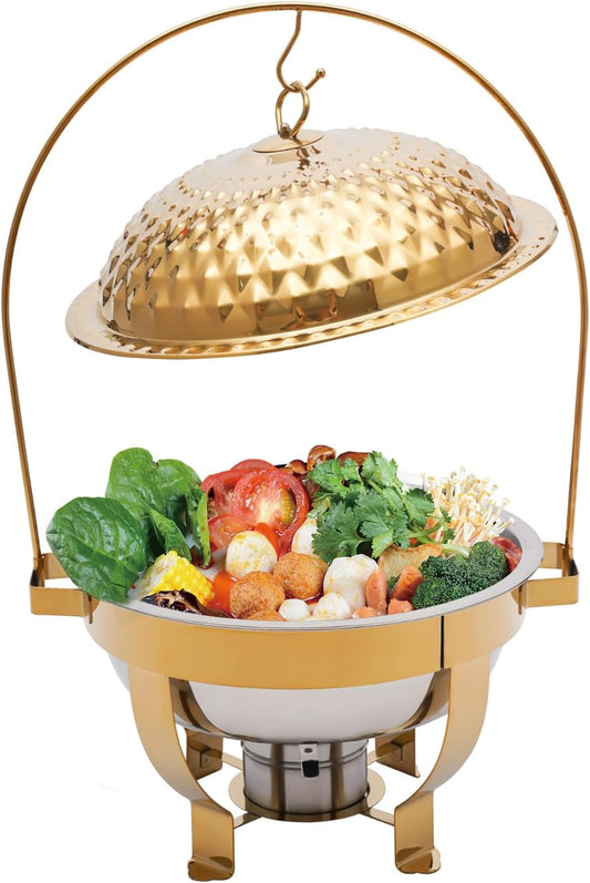 Chafing Dish Buffet Set Silver Accent, 4.5L Round Stainless Steel Chafer, Upgraded Buffet Servers and Warmers Set Warming Tray for Wedding, Parties, Banquet and Events (Gold)