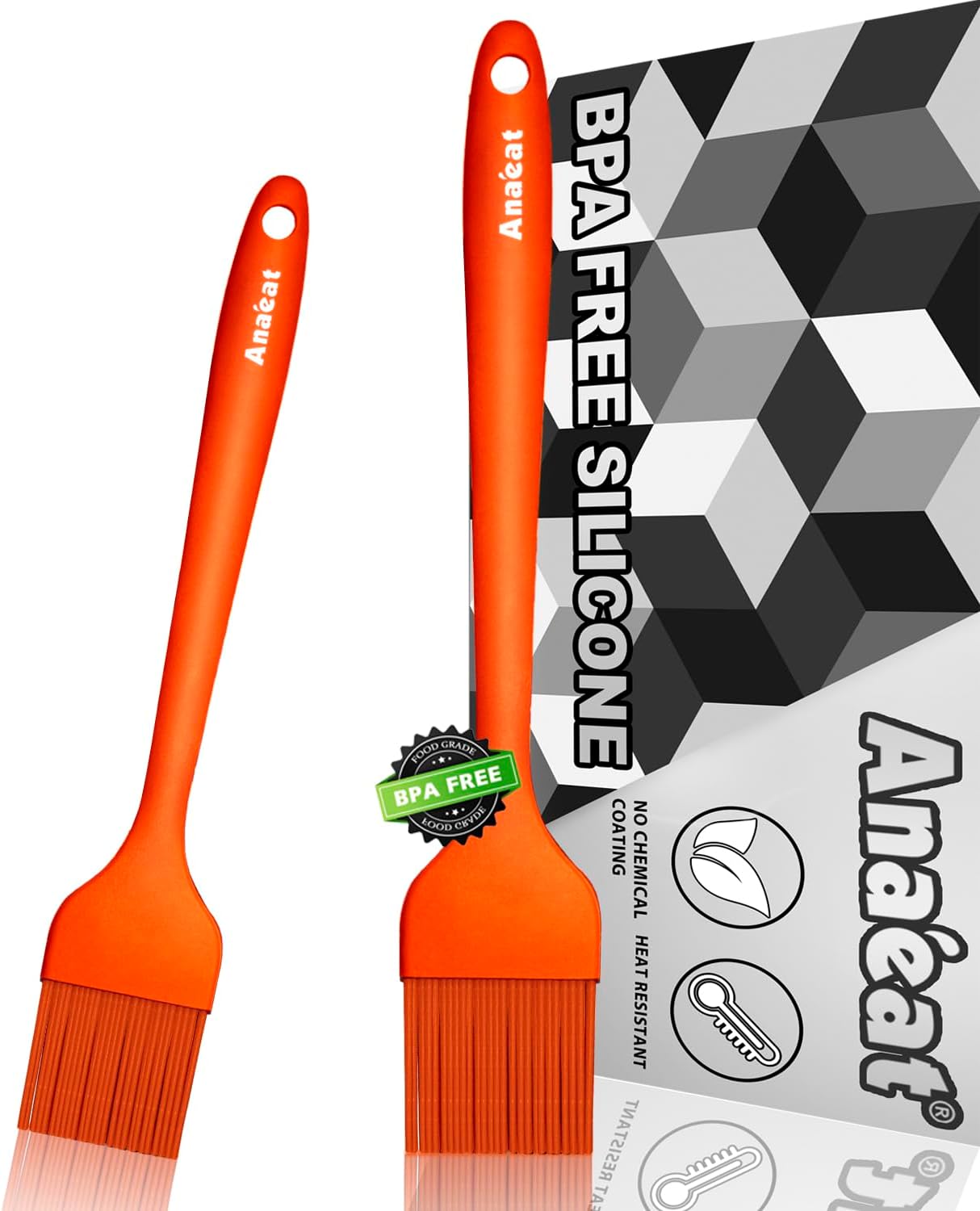 Anaeat Silicone Basting Pastry Brush- 2 Pack Heat Resistant Brushes with Soft Bristles, Hygienic Seamless Design, Marinade Brush Great in Baking for Spreading Oil Butter Sauce BBQ Grill (Orange)