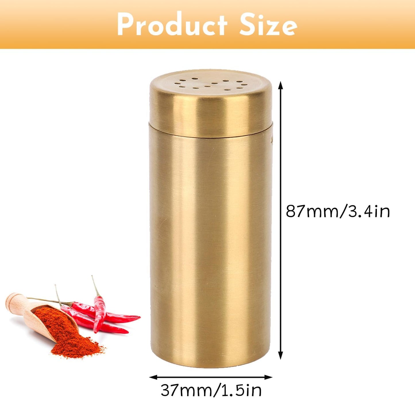 2Pcs Gold Spice Jars P/S Hole Condiment Jar Stainless Steel Seasoning Jar Bottle for Sugar, Salt, Pepper,Spices, for Home Kitchen, Dining Room(3.4×1.5in)