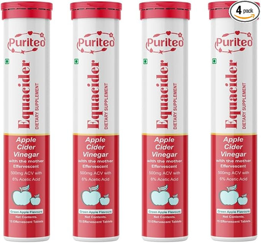 PURITEO-EQUACIDER Apple Cider Vinegar Effervescent Tablets with The Mother, Vegan, No Added Sugar, Non-GMO & Gluten-Free Tablet - (60 Tablets, Pack of 4)