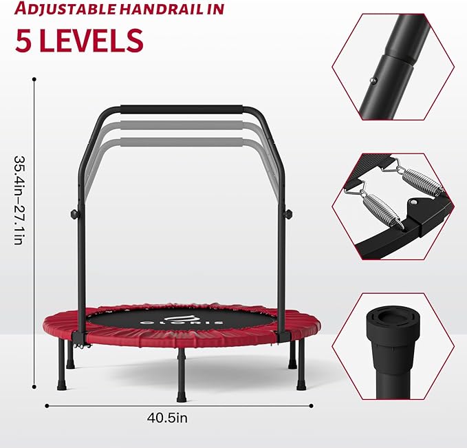 CLORIS 40in Folding Trampoline Mini Trampoline Rebounder Trampoline for Adults Fitness Trampoline with Adjustable Foam Handle, with safty Padded Cover Best Gift for Kids/Adult