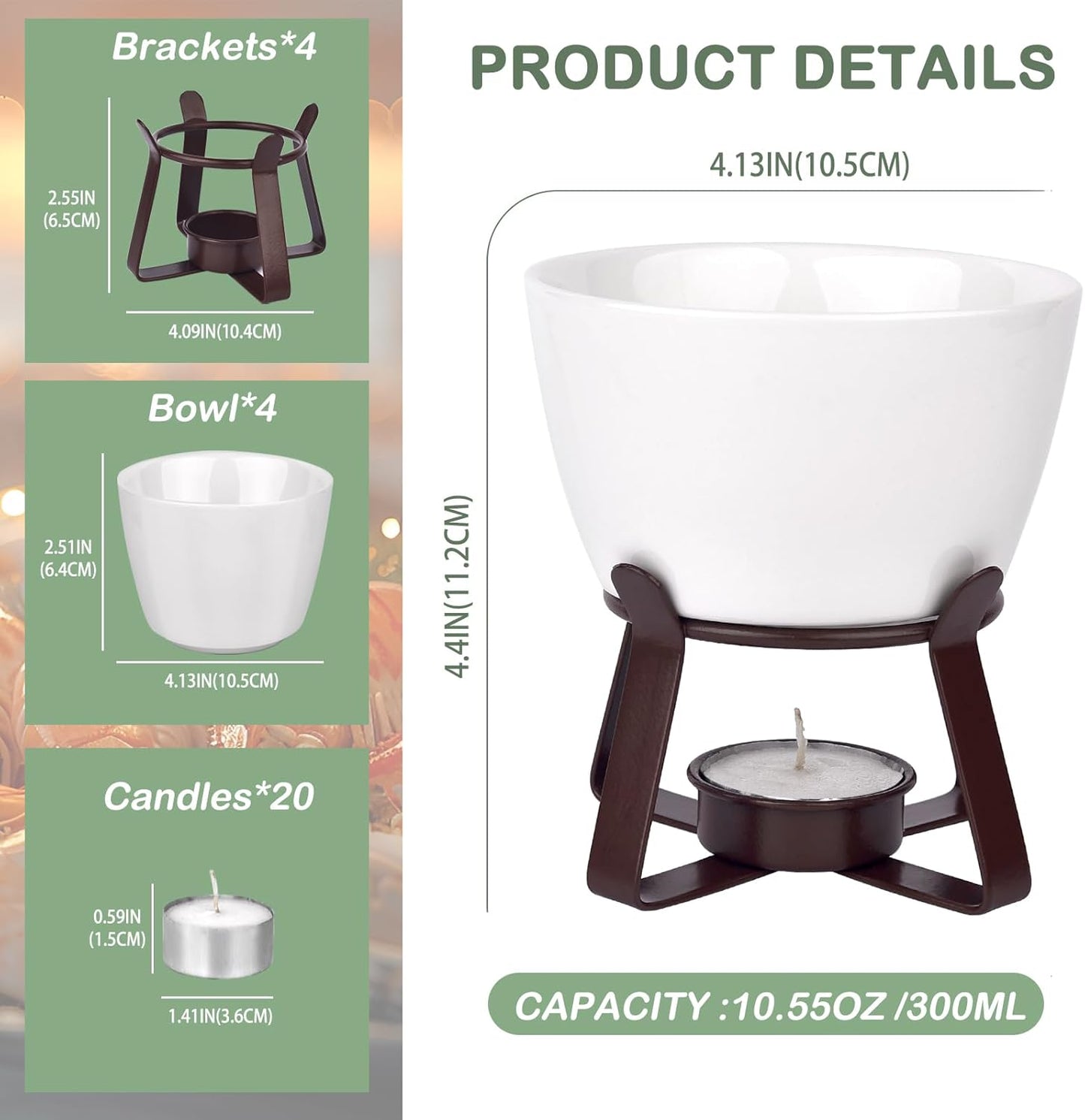 4 Pieces Large Butter Warmers,Butter Warmers for Seafood with 20 Pieces Tealight Candles,Ceramic Butter Warmer Set for Chocolate or Cheese,Fondue- Dishwasher&Microwave Safe,Oven Safe(10.55oz)