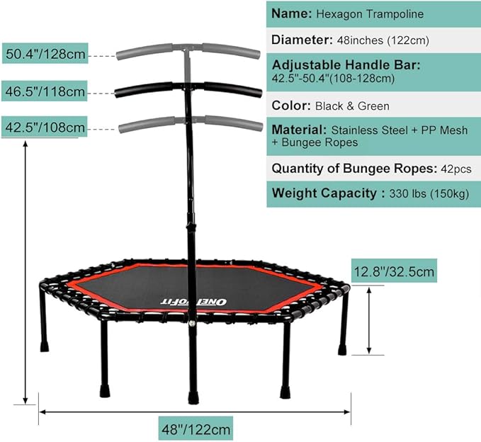 ONETWOFIT 48" Silent Mini Trampoline with Adjustable Handle Bar Fitness Trampoline Bungee Rebounder Jumping Cardio Trainer Workout for Adults