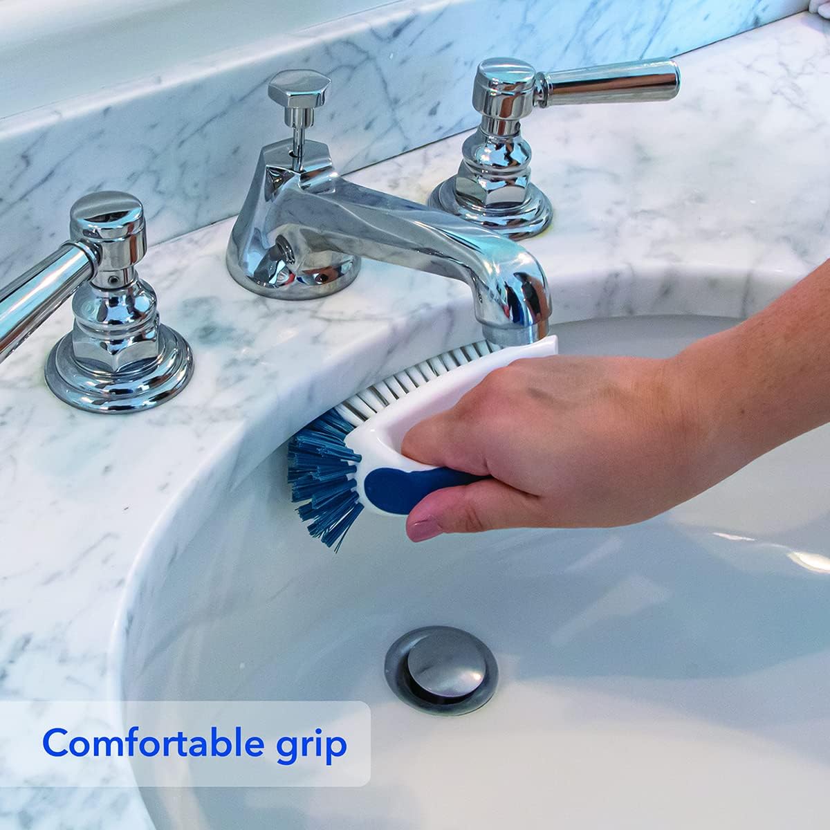Unger Multi-Purpose Counter and Fixture Scrub Brush, Non-Slip Small Household Cleaning Supplies, Removes Dirt and Grime from Bathroom Sinks, Kitchen Countertops, and Faucets