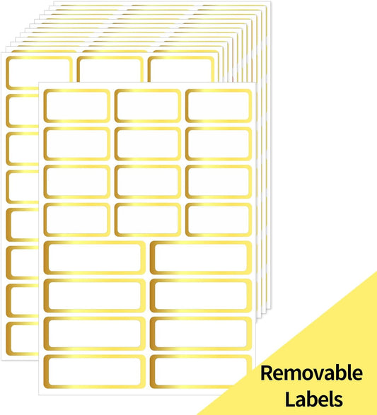 Gold Labels Stickers, Removable Blank Labels Gold Border, Self-Adhesive Rectangular Stickers Water/Oil/Tear Resistant for Storage, Classroom, Home (2 Size, 300 Sheet)