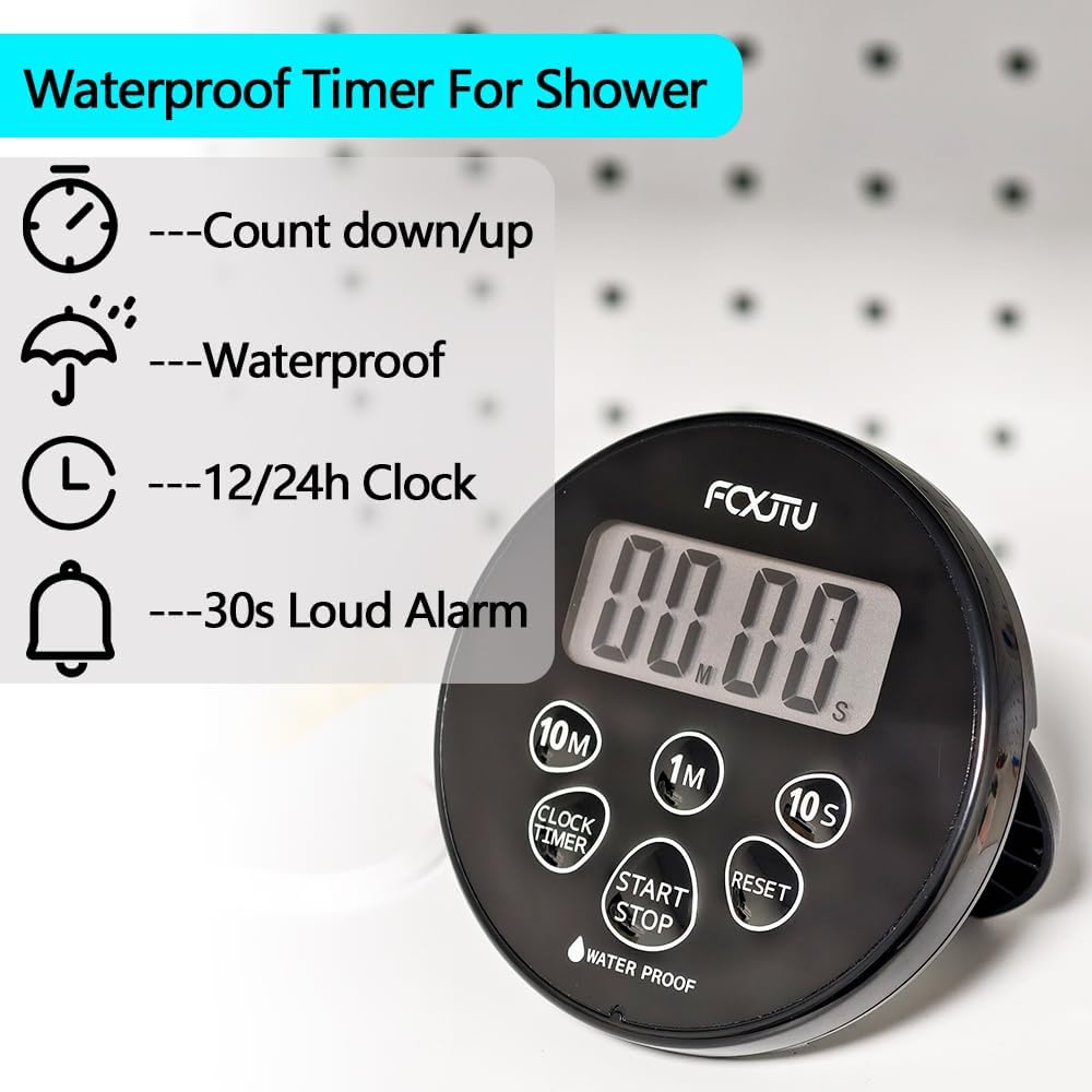 FCXJTU Digital Waterproof Shower Clock Timer, Bathroom Shower Countdown Timer with Alarm, Magnetic Back, Stand for Kitchen Cooking Dark Black