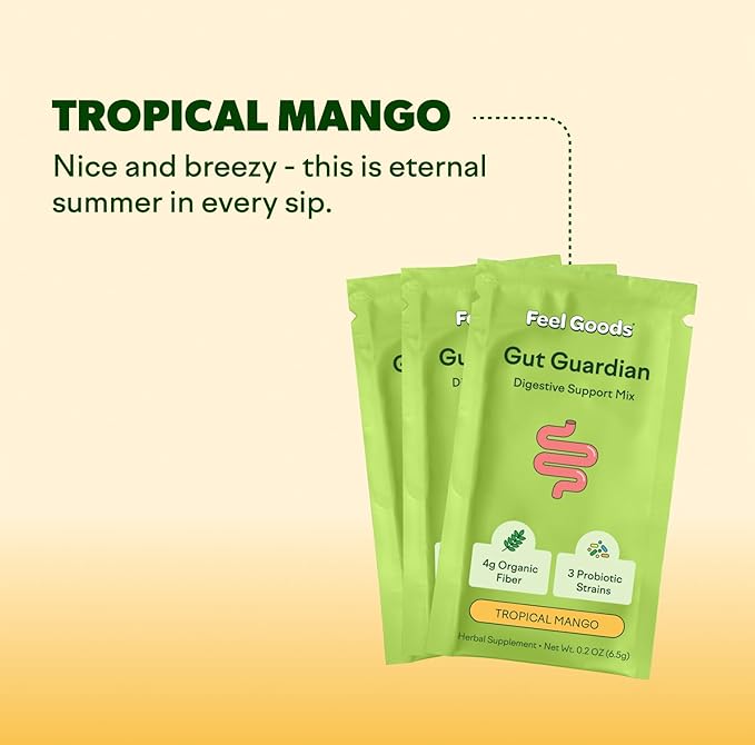 Feel Goods Gut Guardian, Organic Fiber, Probiotic & Prebiotic Powder, Sugar Free, Herbs for Bloat, Gut Health Support, Digestive Health for Men & Women, Non GMO, Vegan, Tropical Mango, 15 Servings