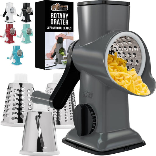 GORILLA GRIP BPA-Free Rotary Cheese Grater Hand Crank, Easy to Set Up, Strong Suction Base for Kitchen Countertop, Shred Potato, Vegetable, Nuts in Seconds, Round Mandoline Slicer, 3 Blades, Gray