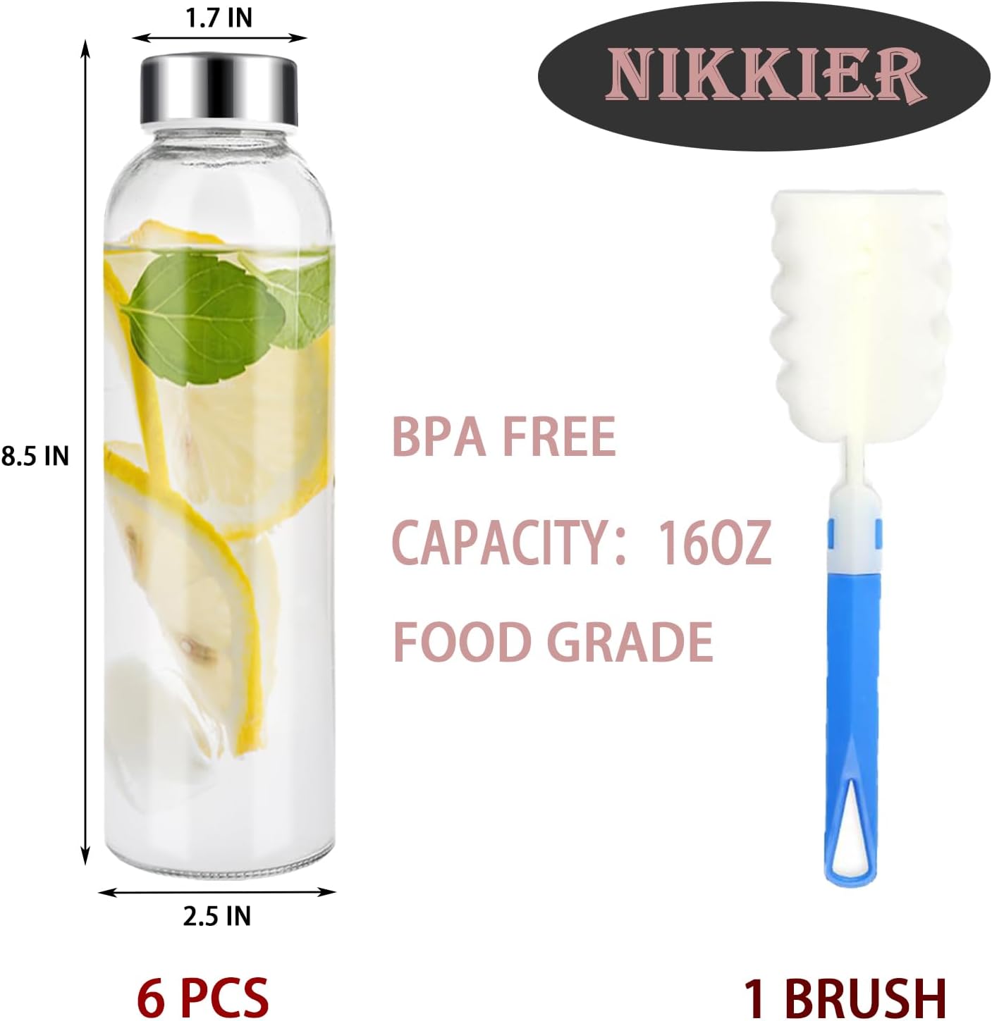 Clear Glass Bottles with Lids 6pcs Set 18oz,Reusable Glass Water Bottle with Stainless Steel Cap, 100% Leak Proof,Can be Used for Fruit Juice, Tea, Water, etc