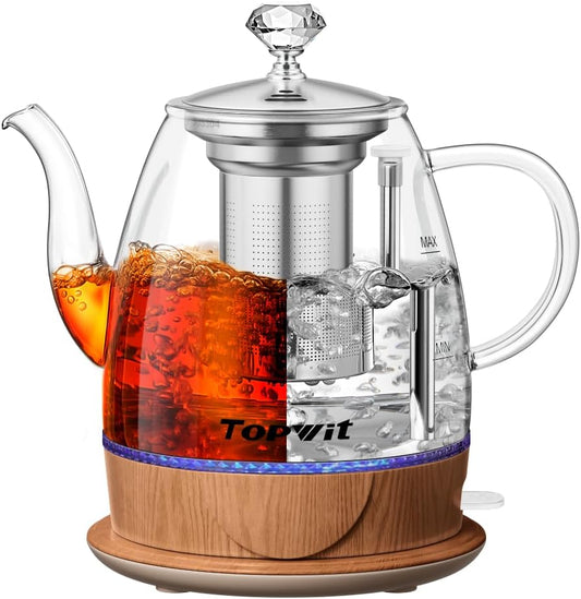 Topwit Electric Kettle Glass, For Hot Water, Tea and Coffee Dual Purpose Design, BPA-Free, 1L Pour Over Removable Stainless Steel Infuser, Auto-shut Off & Boil-dry Protect
