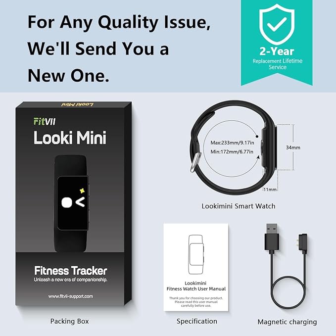 FITVII Looki-mini Fitness Trackers, Slim AMOLED Fitness Watch 2025 with 24/7 Heart Rate, Blood Pressure, Blood Oxygen, Stress Monitor, Step Calorie Counter, IP68 Waterproof Smart Watch for Women Men