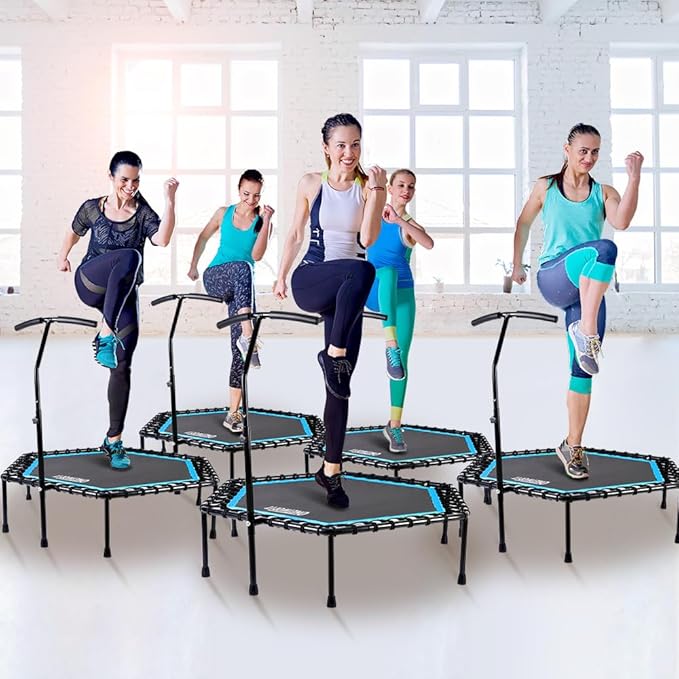 ONETWOFIT 48" Silent Mini Trampoline with Adjustable Handle Bar Fitness Trampoline Bungee Rebounder Jumping Cardio Trainer Workout for Adults