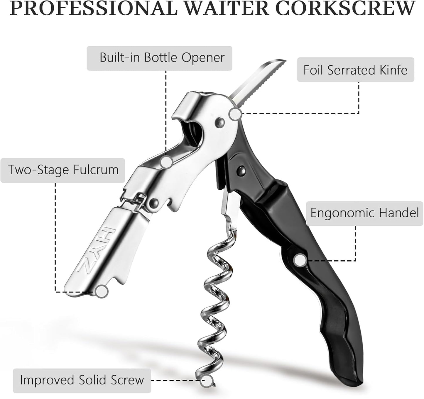 HYZ 2-Pack Wine Opener Waiter Corkscrew, Professional Wine Key for Servers, Bartender, with Foil Cutter, Manual Wine Bottle Opener Double Hinged (Black)