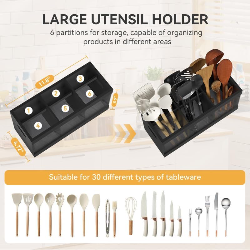 Yofidra Bamboo Utensil Holder & Silverware Organizer: Extra Large Cooking Spoon Holder with Absorbing Drying Stone and 6 Compartments Kitchen Countertop Farmhouse Decor 11.8"X4.7"X5.9" Black