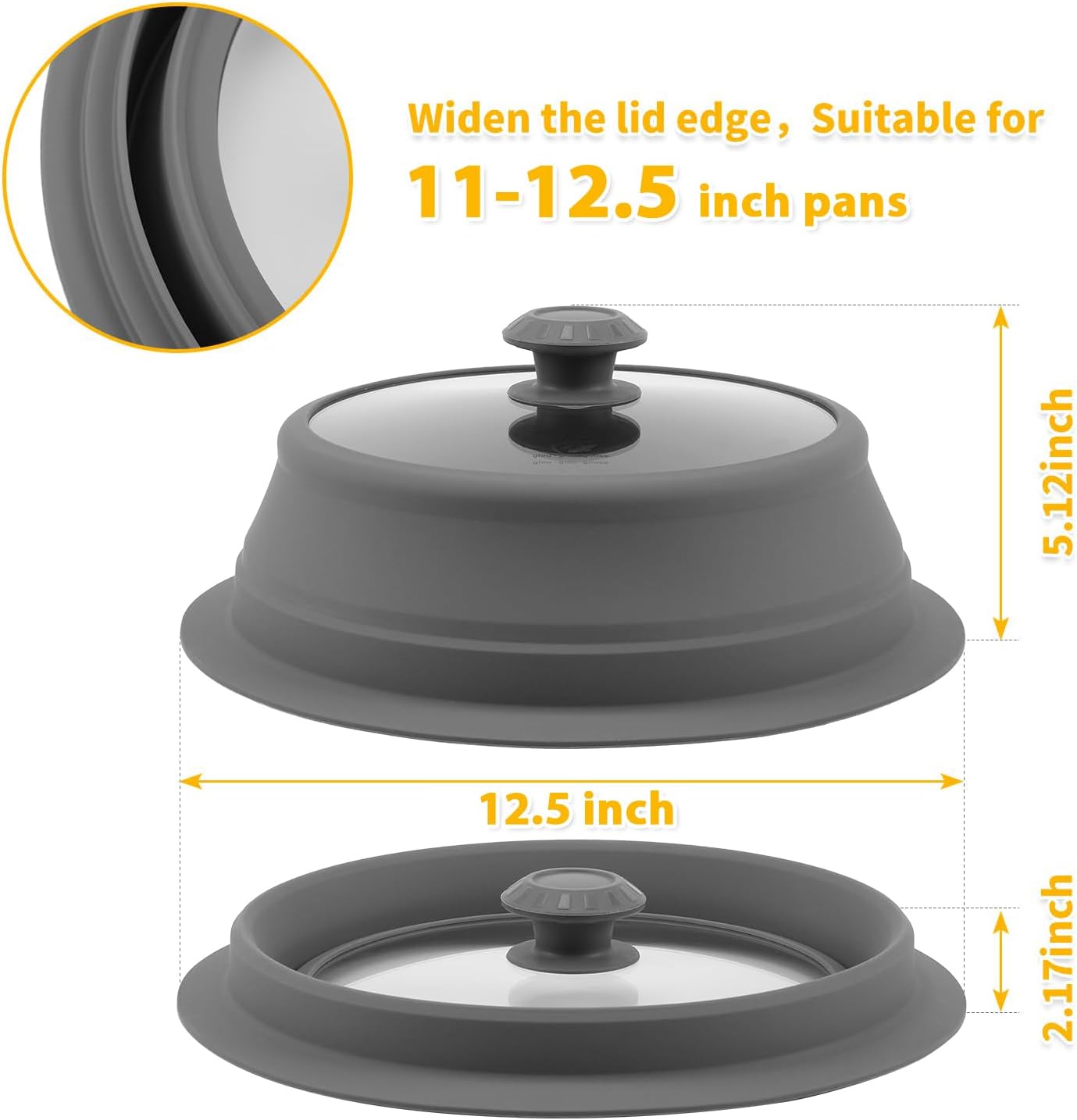 Collapsible Microwave Splatter Lid with Vented Tempered Glass Cover Wok Lid for Microwave Safe, Stockpot Steamer Pot Pan 11-12.5 inch Universal Multifunction Silicone Cover