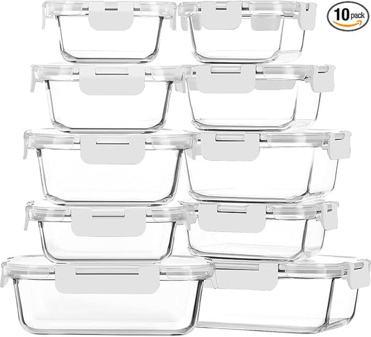 M MCIRCO 10-Pack Glass Food Storage Containers with Lids, Airtight Glass Lunch Bento Boxes, Meal Prep Containers, Microwave, Oven, Freezer and Dishwasher Friendly, White