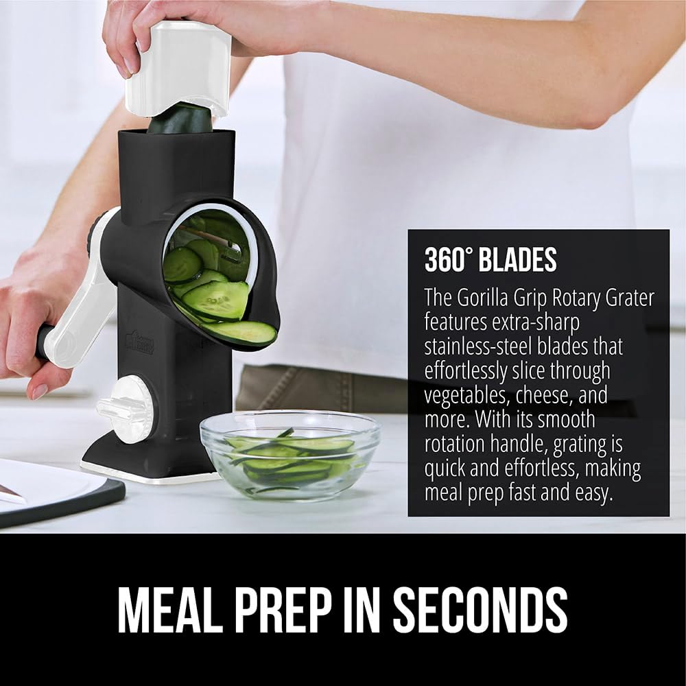 GORILLA GRIP BPA-Free Rotary Cheese Grater Hand Crank, Easy to Set Up, Strong Suction Base for Kitchen Countertop, Shred Potato, Vegetable, Nuts in Seconds, Round Mandoline Slicer, 3 Blades, Black