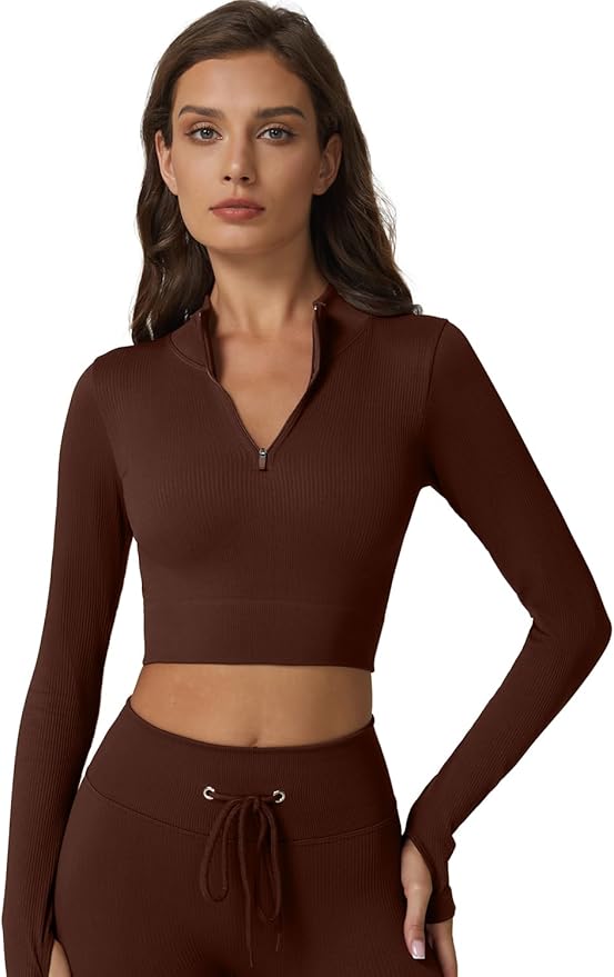 QINSEN Workout Sets for Women 2 Piece Seamless Long Sleeve Crop Tops Ribbed High Waist Leggings