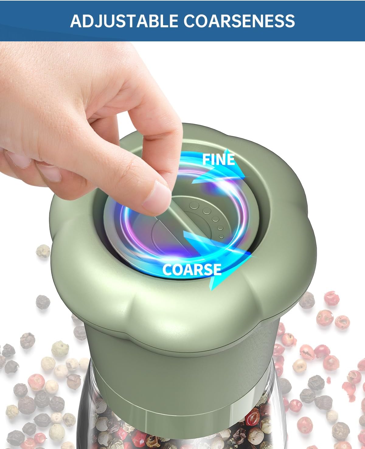 CIRCLE JOY Manual Salt and Pepper Grinder Set For Professional Chef, Refillable Salt and Pepper Shakers with Ceramic Blades, Adjustable Coarseness and BPA-free 180ml Glass Container, Tall Green