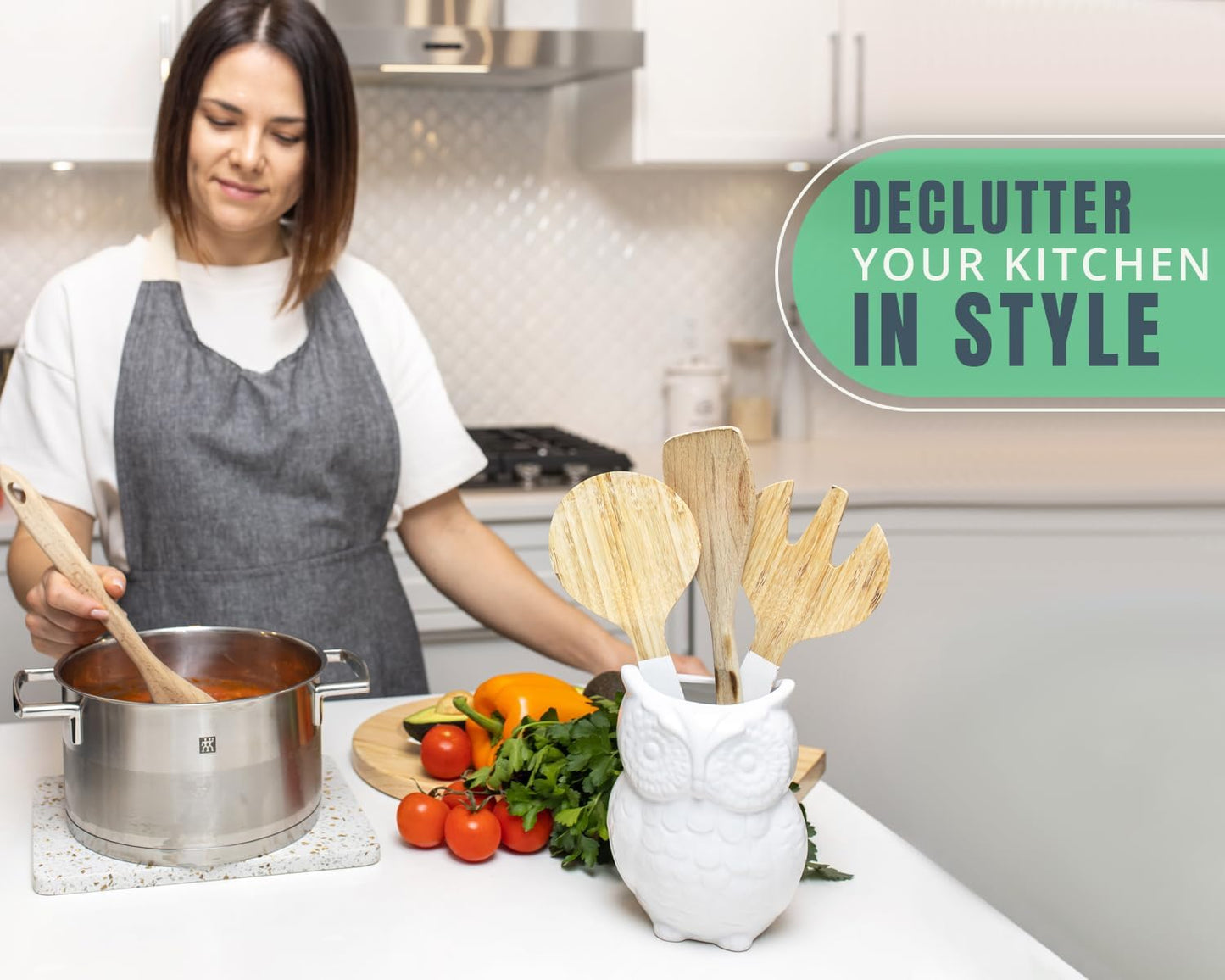 Comfify Owl Utensil Holder Decorative Ceramic Cookware Crock & Organizer, in Lovely White Color - Utensil Shaped Caddy and Perfect Kitchen Ceramic Decor Gift for Countertop - 5” x 7” x 4” Size