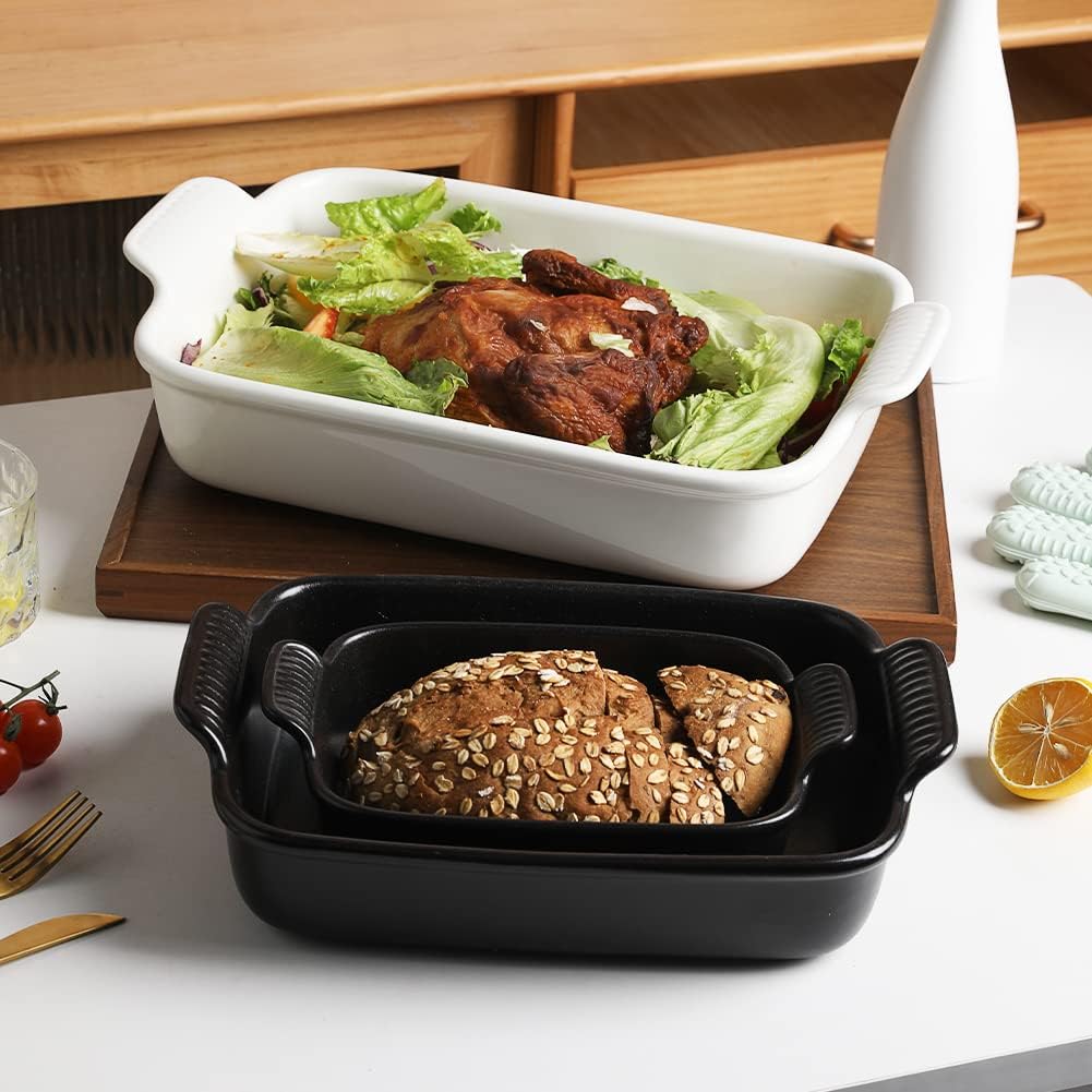 Sweejar Baking Pans Set, Ceramic 9x13 Baking Dish with Handle, Rectangular Casserole Dishes for Oven, Bakeware Sets of 3, Durable Lasagna Pan Deep for Kitchen, Banquet, Wedding Gift(White)