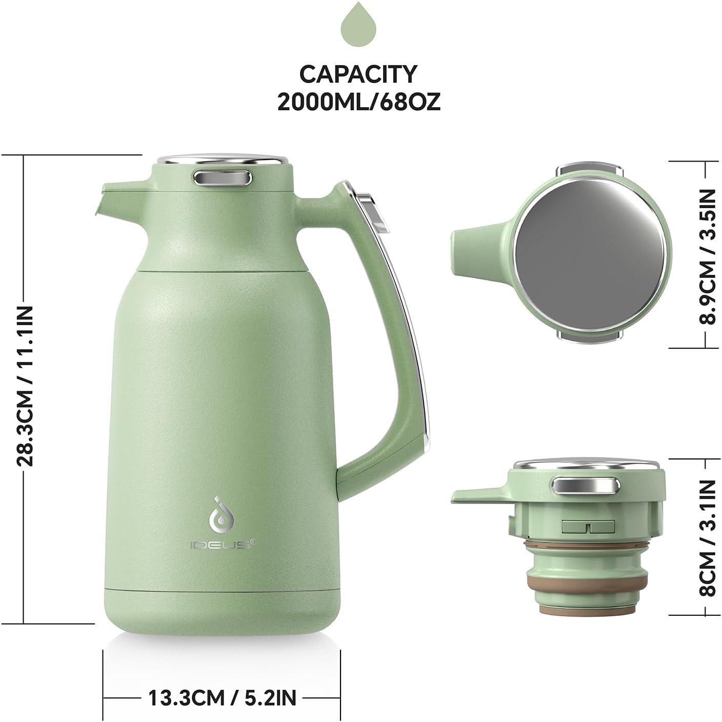 IDEUS Thermal Coffee Carafe 68oz (2,000ml), Stainless Steel Double Wall Insulated Vacuum Flask, Water Jug Coffee Server and Beverage Dispenser, Heat and Cold Retention (Avocado, 68oz (2,000ml))