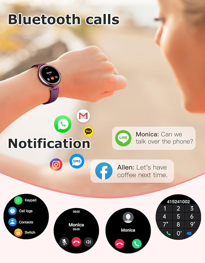Fitness Tracker, Round Fitness Watches for Women with Bluetooth Call Heart Rate Monitor Sleep Tracker Calorie/Step Counter, Birthday Gift for Women Lady Mom Waterproof (Purple)