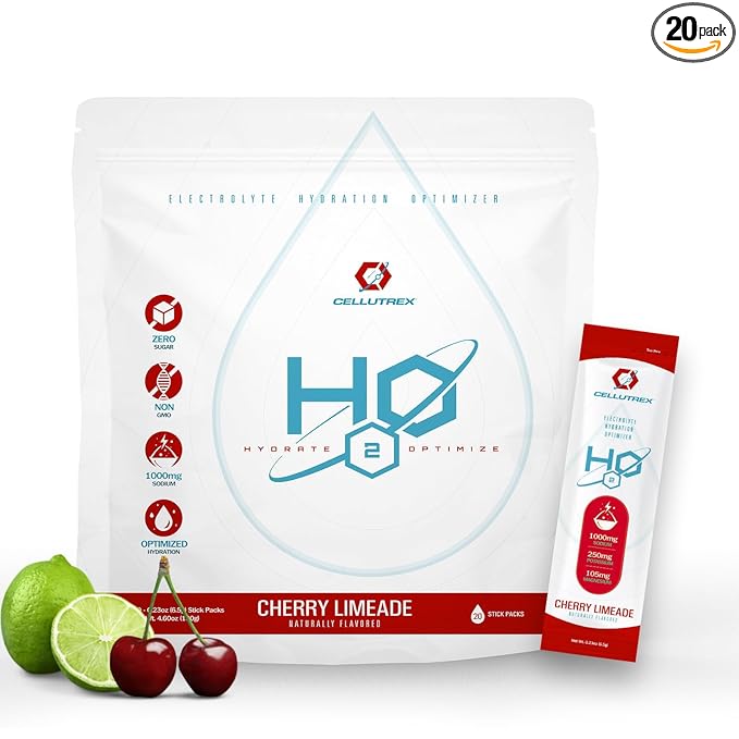 Cellutrex® H2O Electrolytes – Electrolyte Powder Drink Mix, Zero Sugar, Natural Salt Hydration Packets for Recovery and Wellness, Cherry Limeade, 20 Sticks