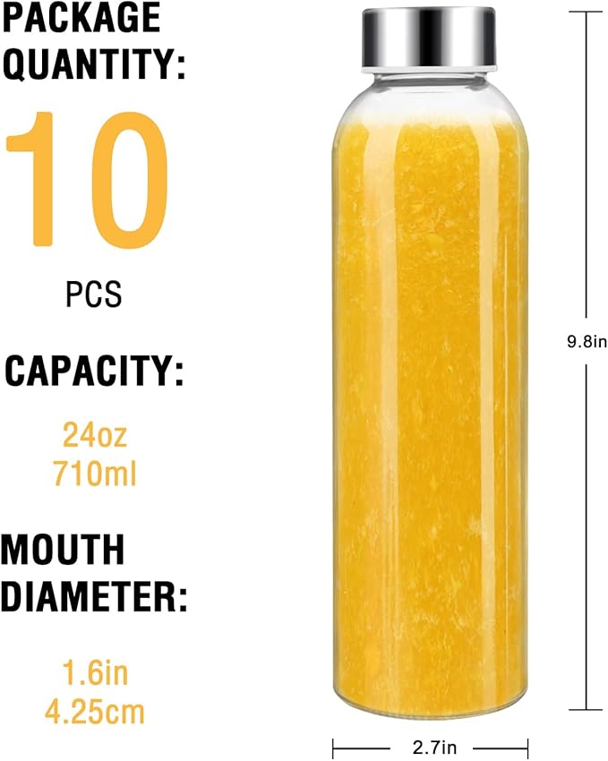Sursip 24oz Glass Water Bottle Set of 10, Leak Proof Clear glass juice bottle for juicing, Reusable Drinking Bottles with Stainless Steel Lid, Beverage Storage Containers for Refrigerator-BPA Free
