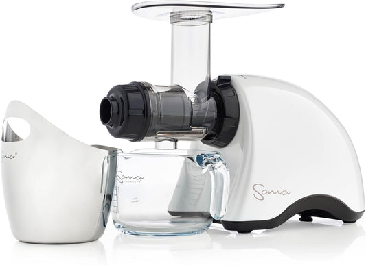 Cold Press SANA 707 Classic Horizontal Single Auger Slow/Low Speed Juicer | Easy Clean, Powerful Motor, Auto Feed, Compact, Celery Attachment, Frozen Desserts, Pasta Extrusion, 15 Year Warranty, White