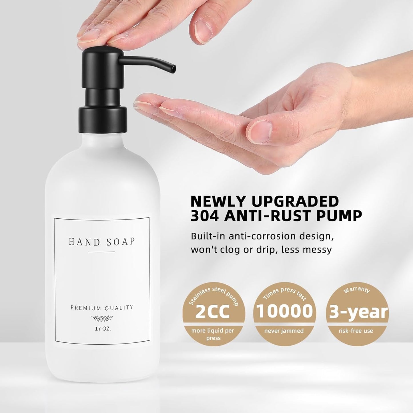 Glass Soap Dispenser - Dish Hand Soap Dispenser for Kitchen Set, Bathroom Soap Lotion Dispenser with 304 Rust Proof Pump, Tray, White Bottle/Black Pump