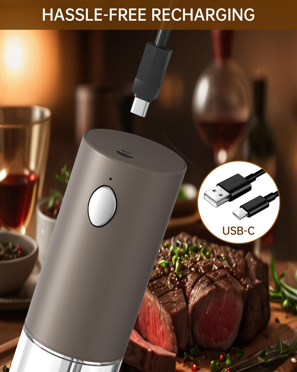 CIRCLE JOY Electric Salt and Pepper Grinder Set Rechargeable Salt and Pepper Mills with Storage Base, Adjustable Coarseness and LED White Light, Washable 95ml Container, Brown