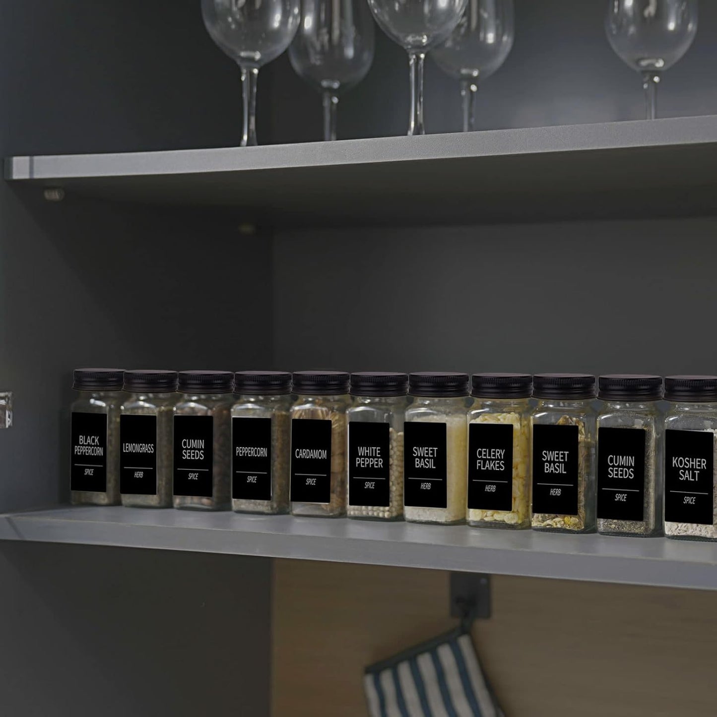 Churboro 25 Spice Jars with 547 Labels- Glass Spice Jars with Black Metal Caps, 4oz Empty Spice Containers with Shaker Lids, Funnel, Chalk Pen, Square Seasoning Bottles for Spice Rack, Drawer, Cabinet