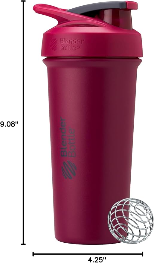 BlenderBottle Sport Sleek Insulated Stainless Steel Shaker Bottle with Wire Whisk, 25-Ounce, Raspberry – Protein Shakes & Hydration for Athletes & Fitness Enthusiasts, Easy Mixing, Slim Easy to Hold, Keeps Drinks Cold, Lockable Lid
