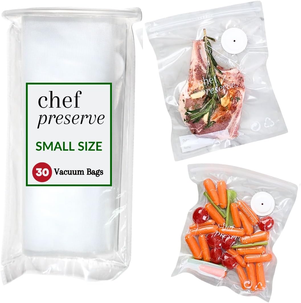 Chef Preserve Reusable Vacuum Sealer Bags for Food – 30 BPA-Free Small (8 x 10 in) Food Storage Bags, Freezer, Microwave – Odor-Resistant, Leak-Proof – Compatible with Chef Preserve Vacuum Sealers