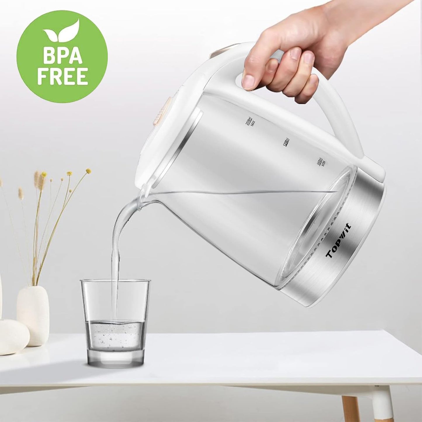 Topwit Electric Kettle Glass Electric Tea Kettle, 2L BPA-Free Hot Water kettle, Stainless Steel Inner Lid and Bottom Water Warmer, Fast Heating with Auto Shut-Off and Boil Dry Protection, White