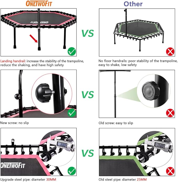 ONETWOFIT 48" Silent Mini Trampoline with Adjustable Handle Bar Fitness Trampoline Bungee Rebounder Jumping Cardio Trainer Workout for Adults