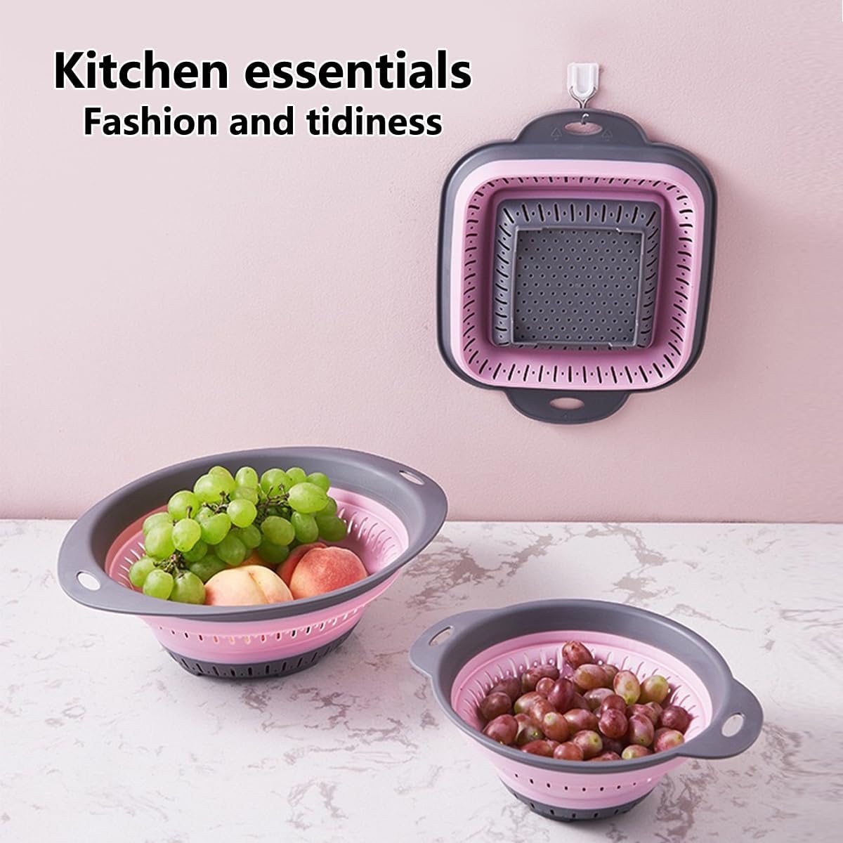 Collapsible Colander and Strainer,Silicone Strainer Colanders & Food Strainers,for Vegetable and Fruit, Kitchen Essentials (3, Pink, 1.3L+2.1L+2.5L)